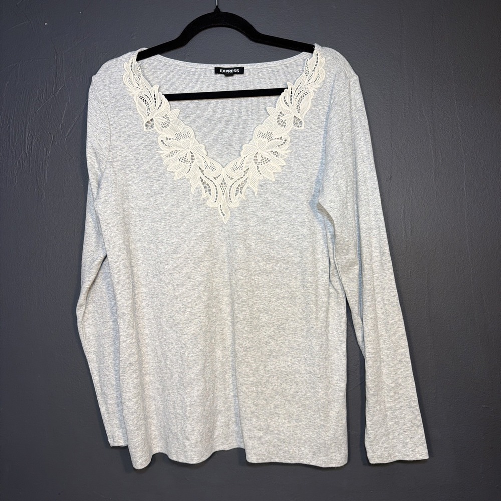 Express Sweater Womens XL‎ Super Soft Gray Lace Cozy Cabincore